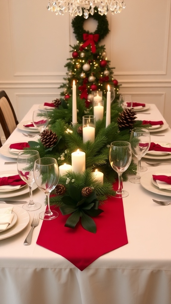 Christmas Dinner Table Settings and Centerpieces Ideas A festive Christmas dinner table setting with red runner, elegant dinnerware, and a centerpiece of greenery and candles.